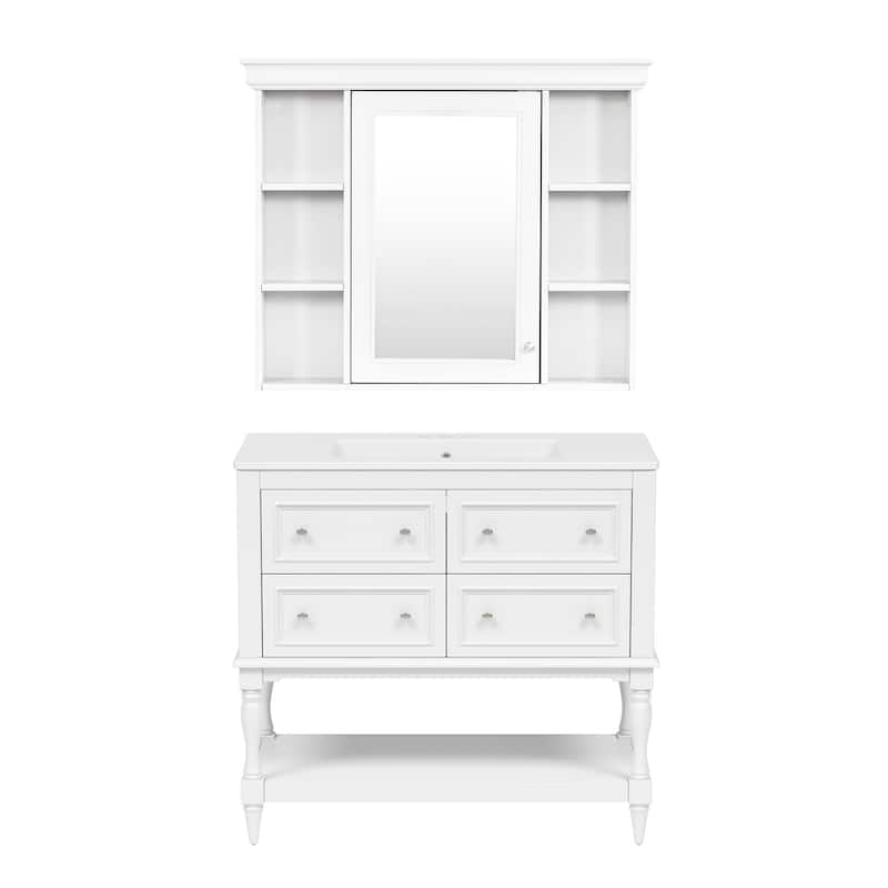 36''Bathroom Vanity with Medicine Cabinet,Modern Mirror Cabinet with Adjustable Shelf,Cabinet with 4 Drawers,Solid Wood Frame