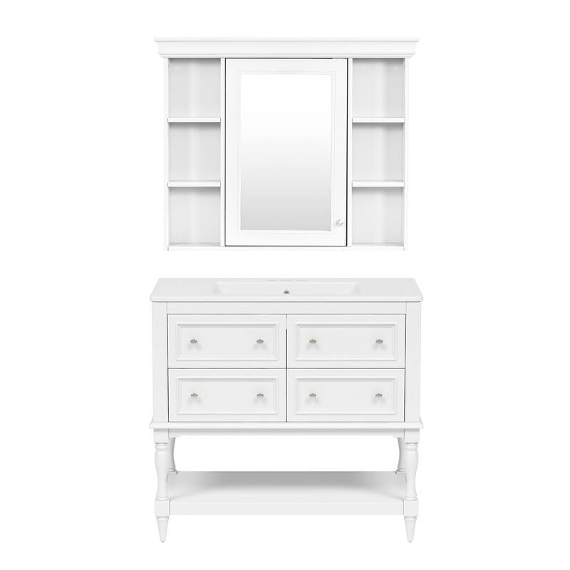 GDFStudio - Marquette Luxury Bathroom Vanity Set with Ceramic Sink, Mirror Medicine Cabinet and 4 Storage Drawers - 36'W