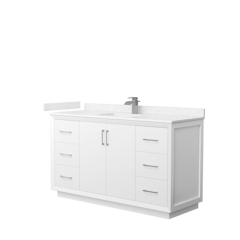 Strada 60-Inch Single Vanity Set, Cultured Marble Top - White, Nickel Trim, Carrara Cultured Marble Top