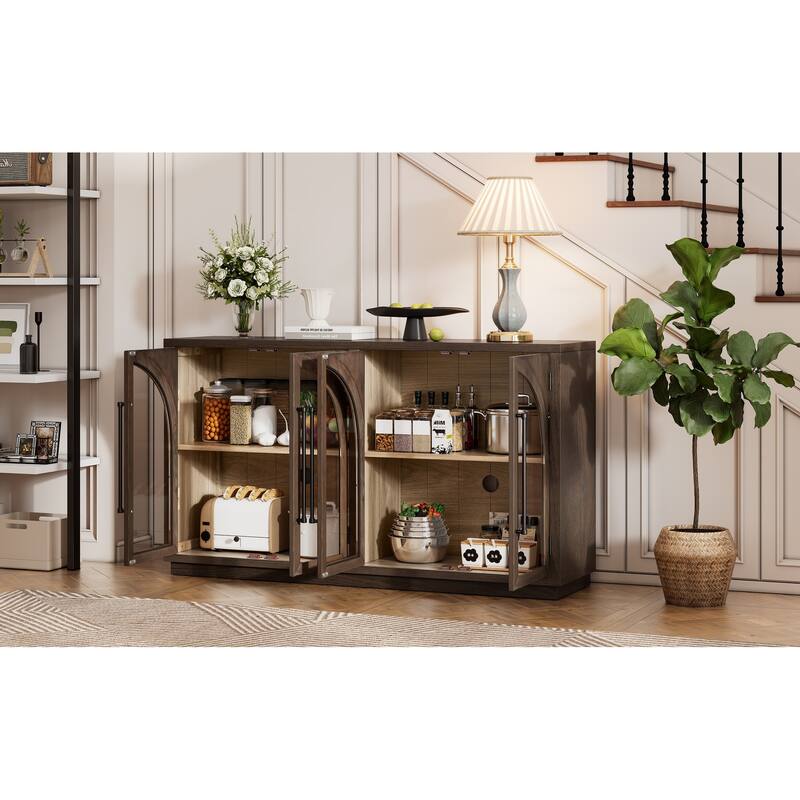 4-Door Large Storage Buffet Cabinet with Glass Doors and Adjustable Shelves