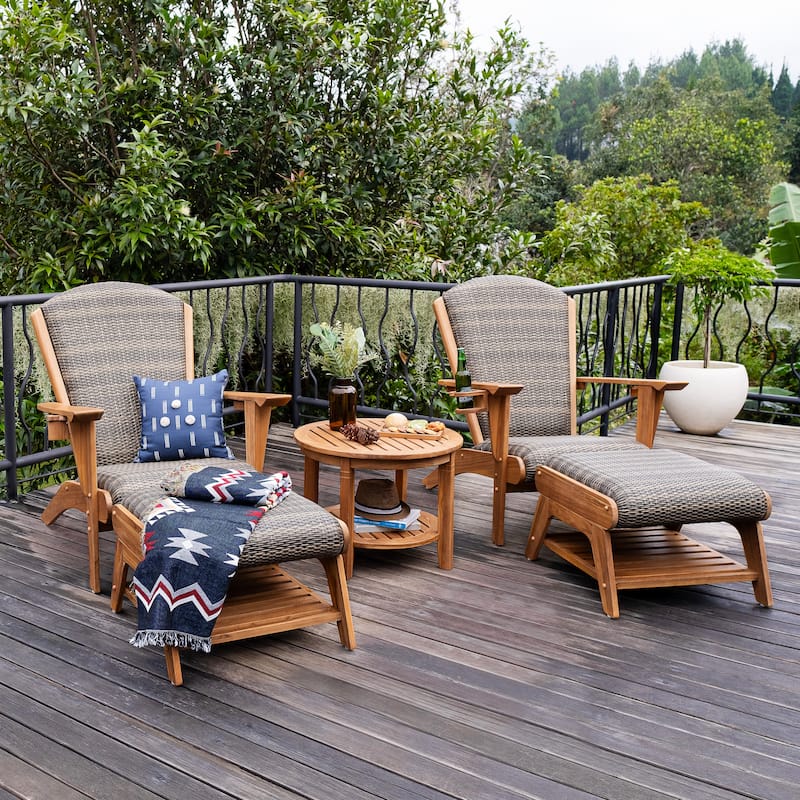 Cambridge Casual Camden Teak Patio Adirondack Chair Set with Padded Woven Seat - FREE Patio Cover - Natural Teak 5 Piece/Koboo Gray Wicker