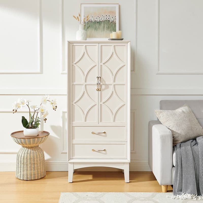 Mid Century Modern 53.5" Tall Kitchen Pantry Storage Cabinet with Doors and Drawers for Entryway Living Room Kitchen Garage - White