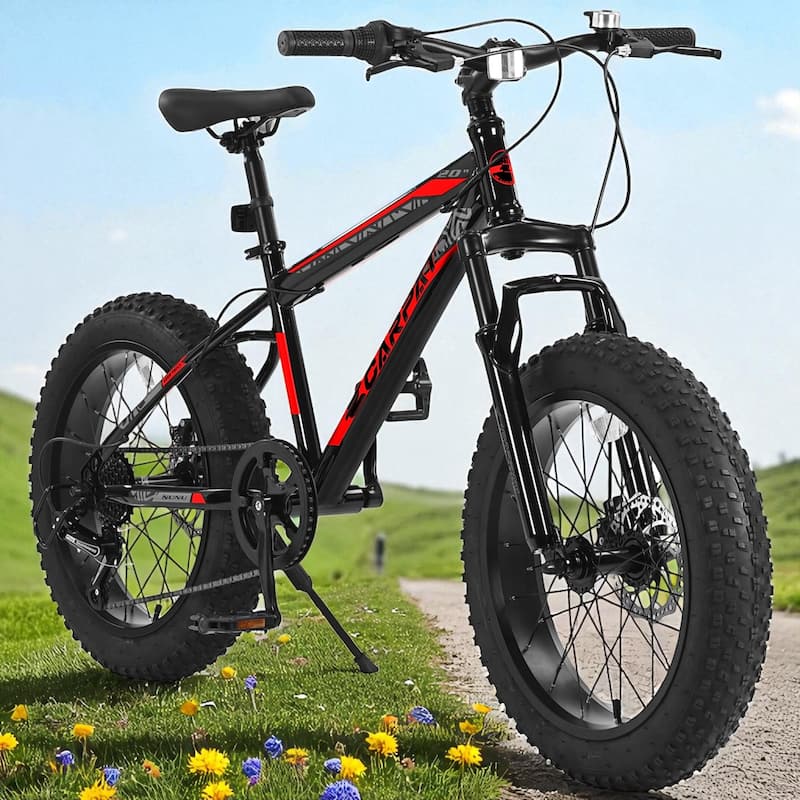 20 Inch Kids Mountain Bike for Boys & Girls Ages 8-14, 7-Speed Carbon Steel Frame, Wide Tires, Disc Brakes, Suspension - Black Red