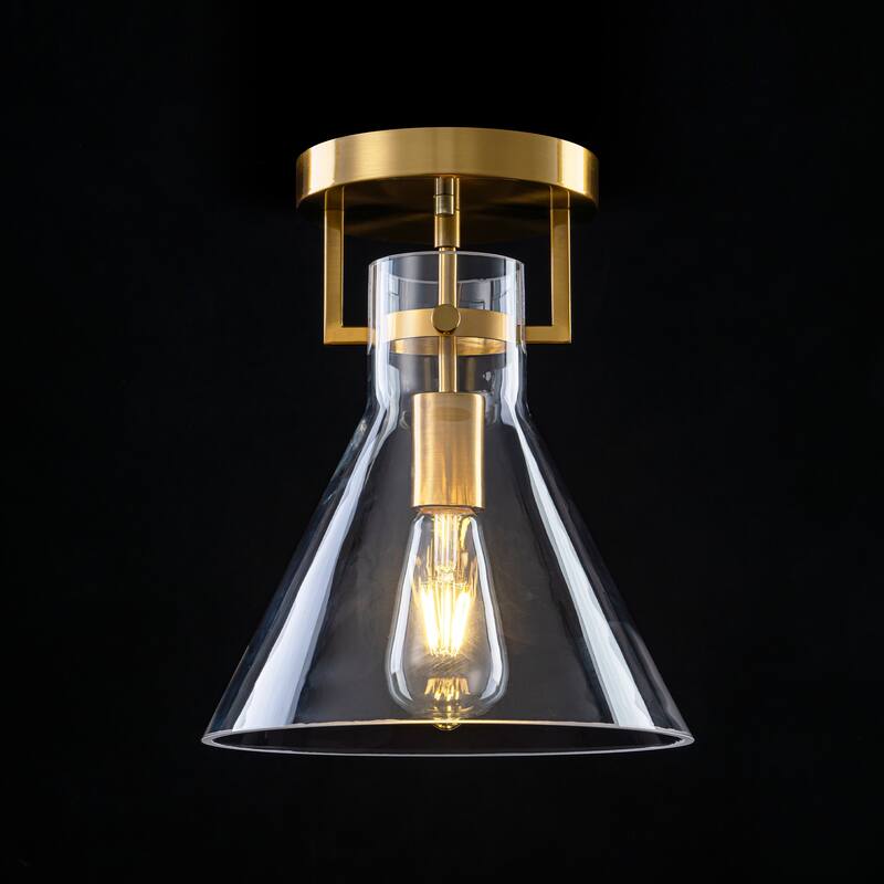 9.8" 1-Light Mid-Century Modern Brushed Brass Semi-Flush Mount Ceiling Light with Clear Cone Glass Shade for Hallway or Bedroom