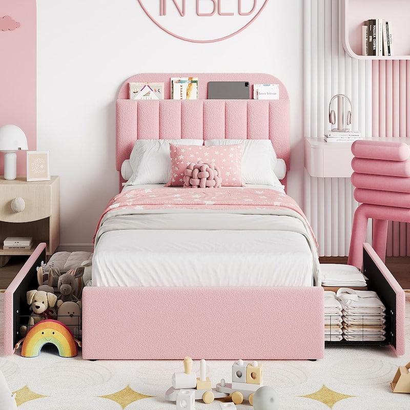 Upholstered Platform Bed with Storage Drawers and Bookcase Headboard, Noise-Free and Easy Assembly