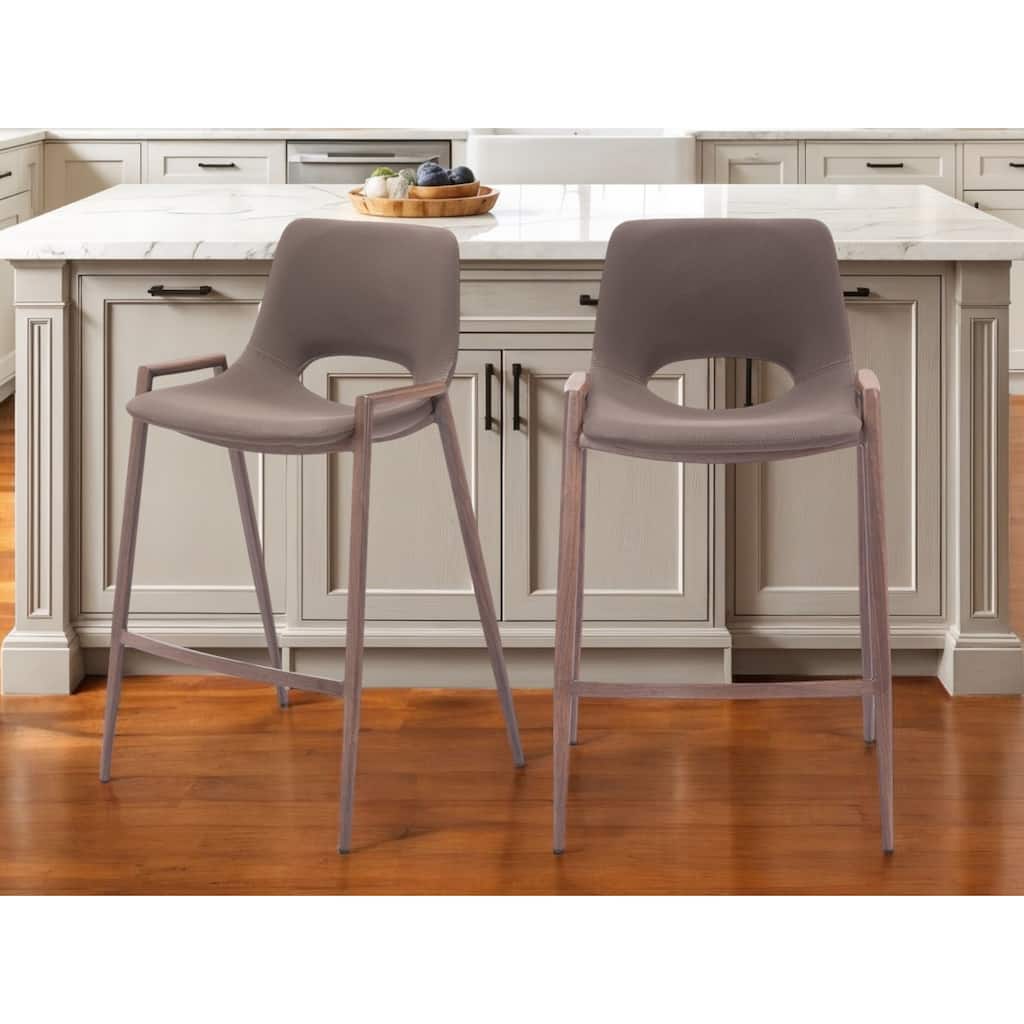 Set of Two 26" Brown Faux Leather And Steel Low Back Counter Height Bar Chairs
