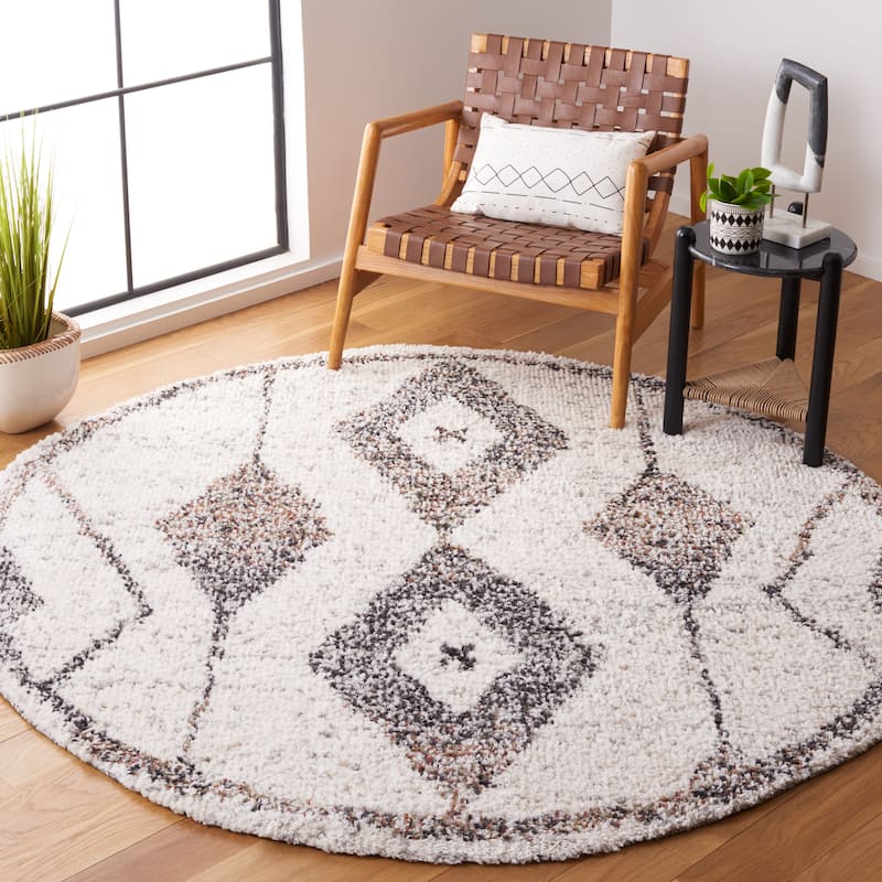SAFAVIEH Jericho Shag Annemarie Boho 1.2-inch Thick Rug - 6'7" Round - Ivory/Black