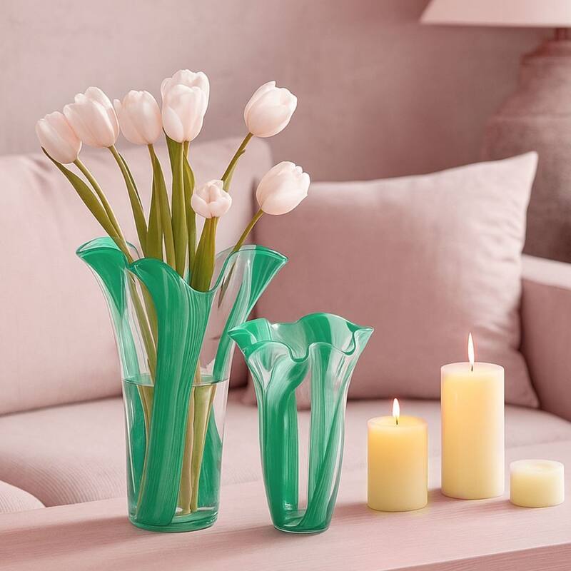 Green Set of 2 Striped Handblown Glass Vases with Broad Rim and Ruffle