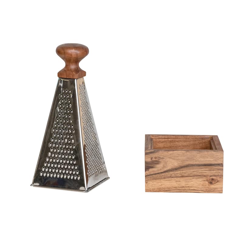 Handheld Stainless Steel Grater with Acacia Wood Handle - 4.8"L x 4.8"W x 11.0"H