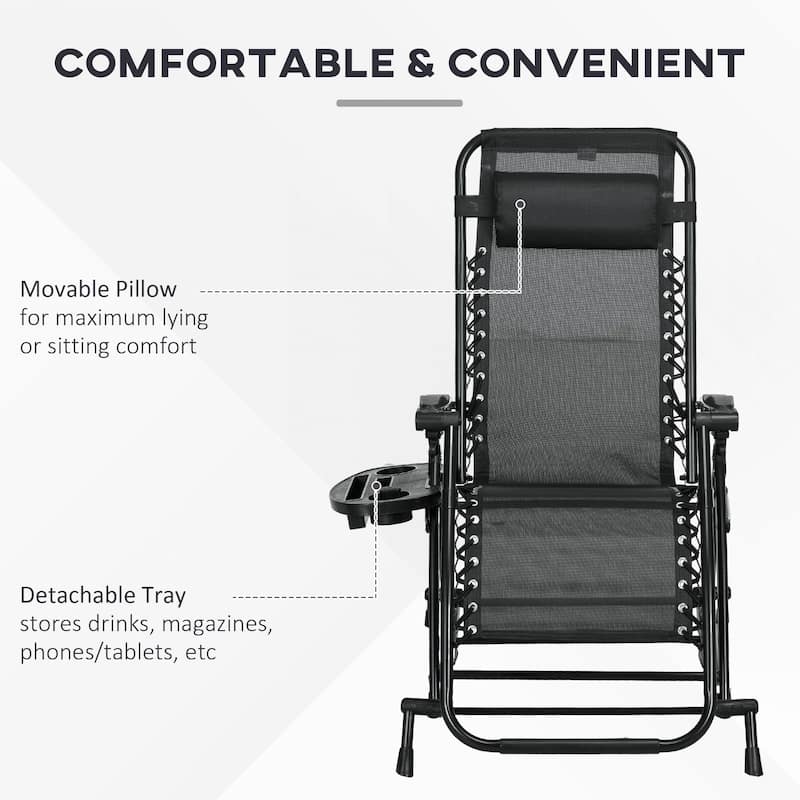 Black Steel Mesh Zero Gravity Reclining Lounge Chairs Set of 2 with Cup Trays - 26.5" L x 47.25" W x 40.25" H