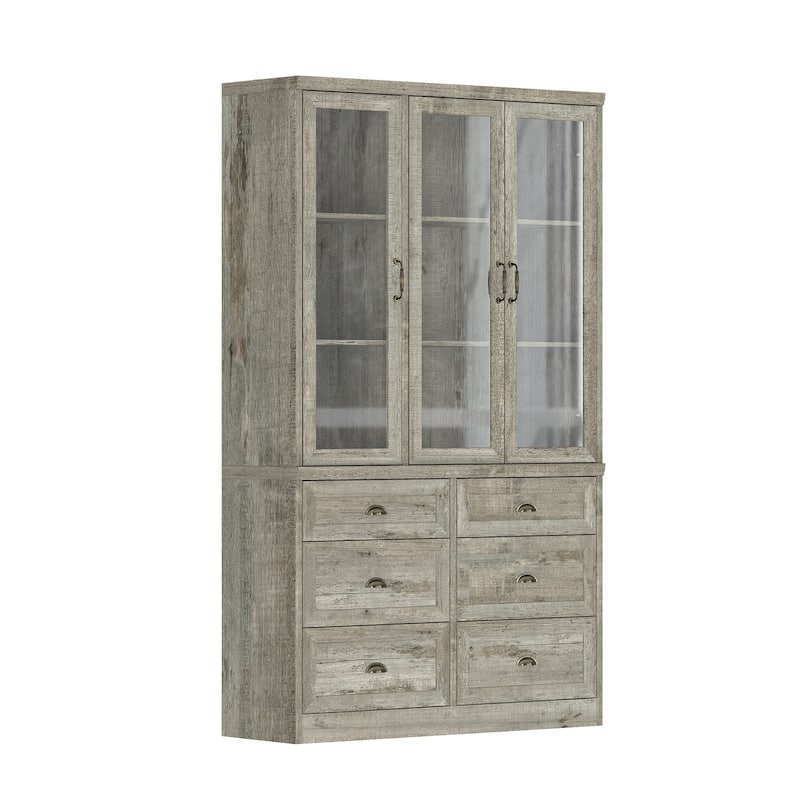Farmhouse Kitchen Pantry Cabinet 6-Tier Bookshelf with Adjustable Shelves & Glass Doors