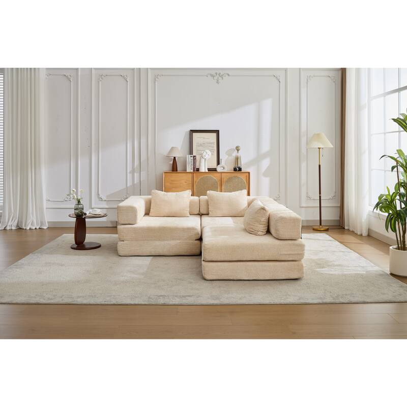 Chenille Fabric Compression Sofa, Boneless Modular Sectional Sofa, Convertible Floor Sofa Bed with Fixed-Shape Frame