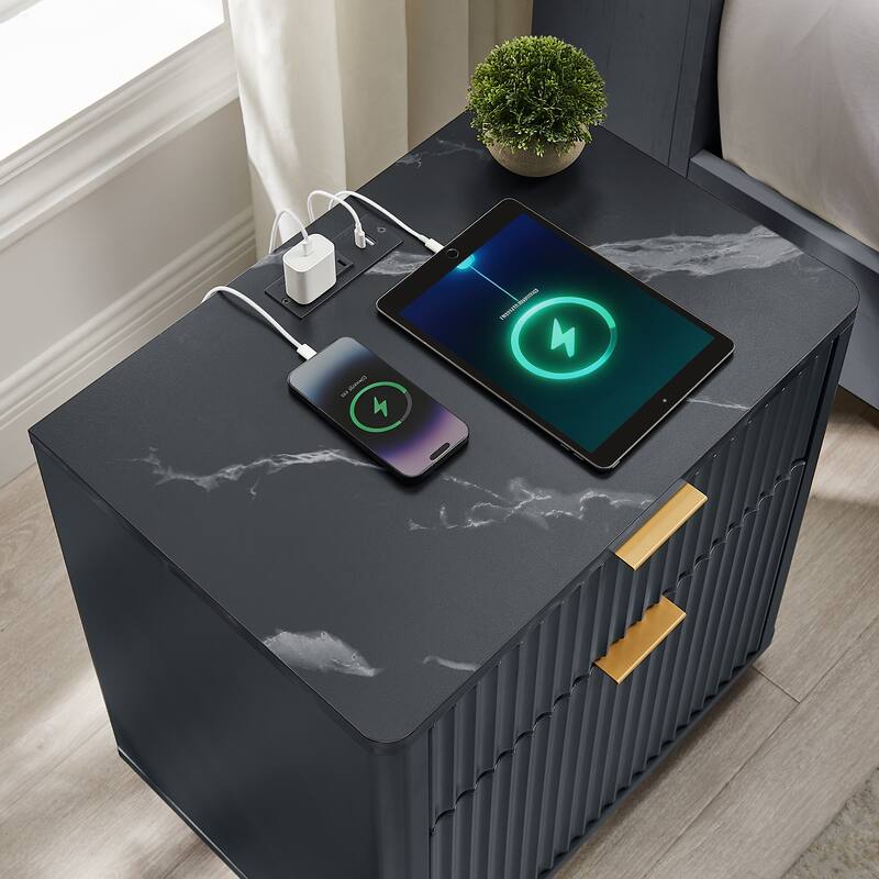 Modern Fluted Nightstand with Charging Station, 2 Drawer Bedside Table