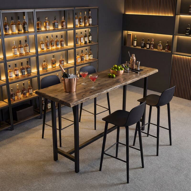 Solid Wood Long Bar Table with Metal Footrest - 63-Inch Long Counter Height Table for Home, Seats up to 6 - Brown+Black