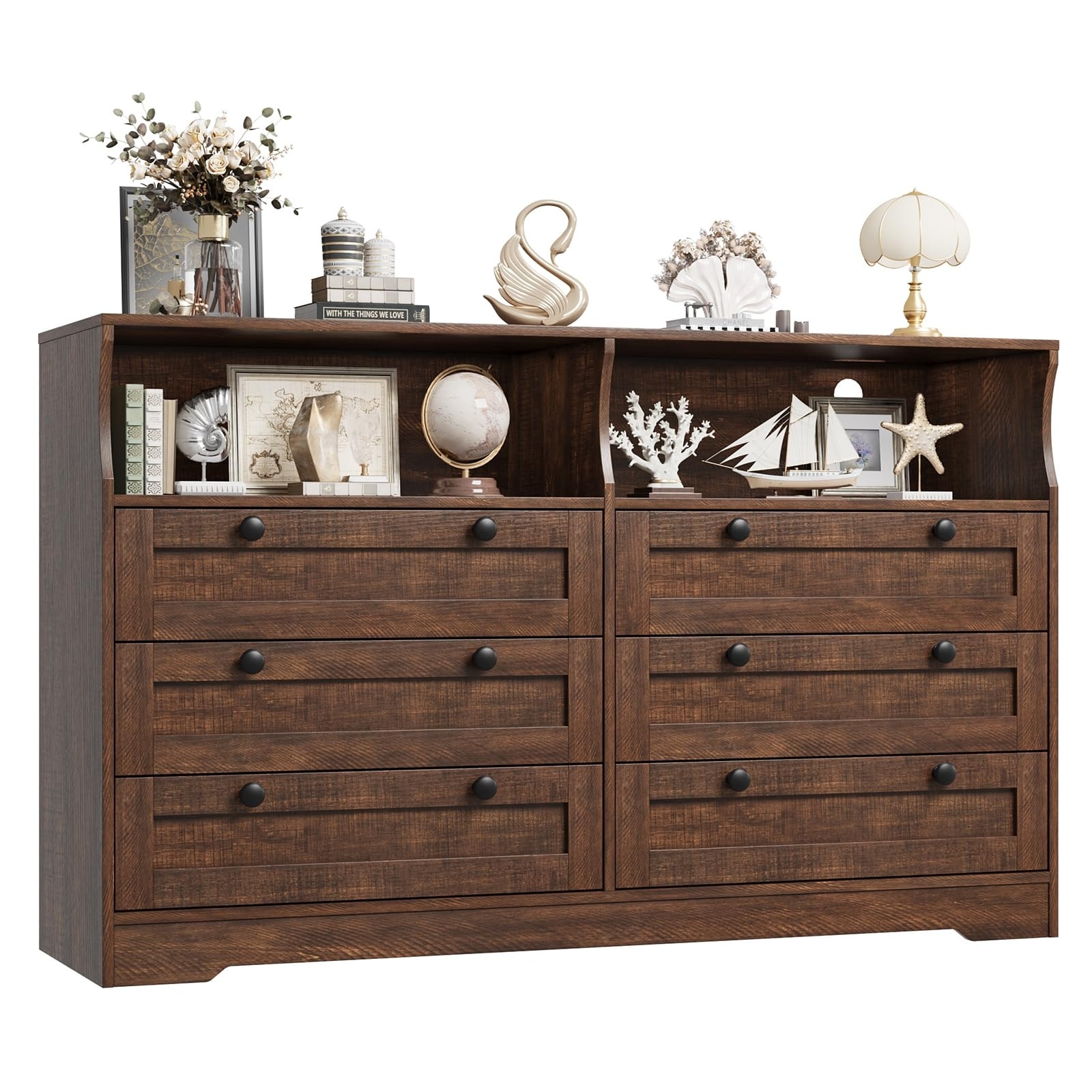 6 Drawer Dresser with RGB LED Lights, Power Outlet & 2 Open Shelves