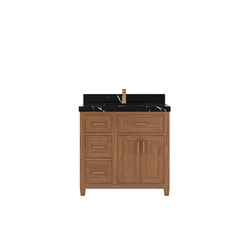 Willow Collections 36 in. W x 22 in. D Santa Monica Teak Bathroom Vanity Center with Countertop - 2”Calacatta Black - Dark Natural Teak
