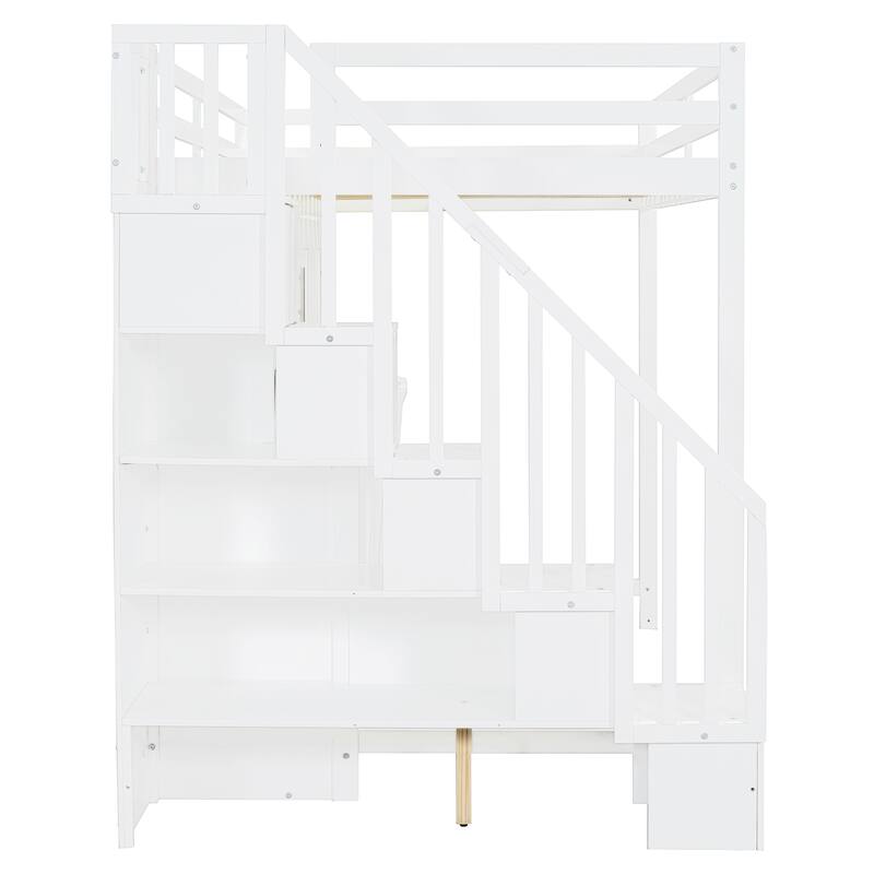 Full Over Full Versatile Wooden Murphy Bed with Storage Staircases & Desk, Space-Saving Foldable Wall Bed with Hydraulic Lift