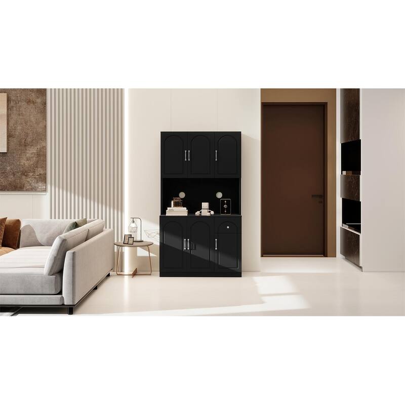 71" Kitchen Pantry Storage Cabinet with Microwave Oven Countertop,Freestanding Hutch Cabinet with Adjustable Shelves