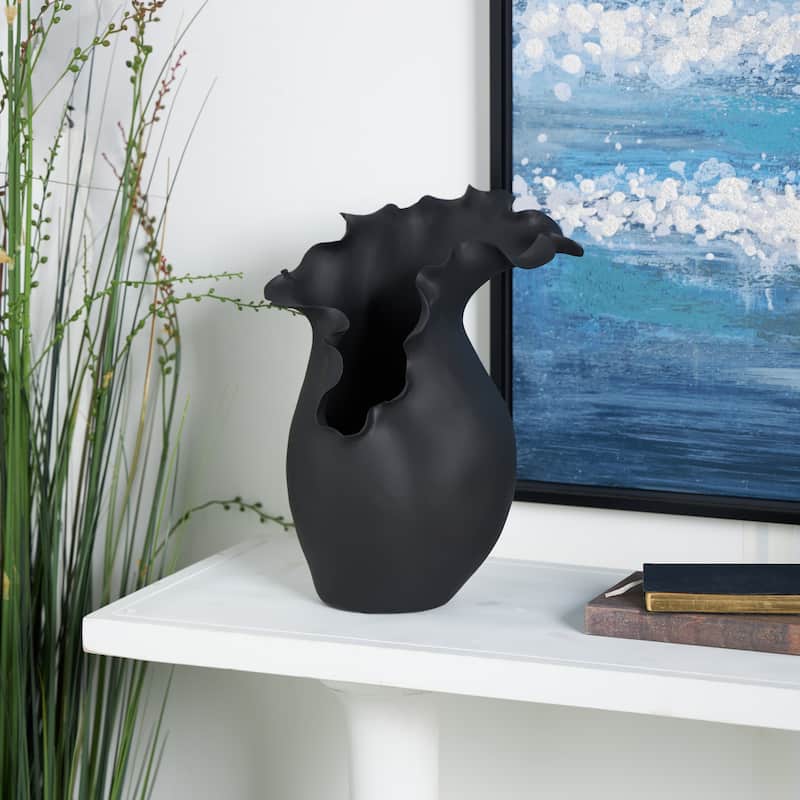 Ceramic Abstract Floral Inspired Vase with Wavy Folded Rim - White or Black - Roche River Decor