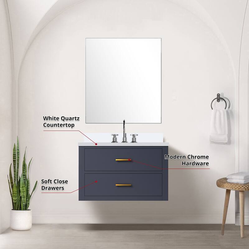 Bathroom Vanity Set with Carrara Marble Countertop, 28" Mirror, Chrome Gooseneck Faucet, Fully Assembled
