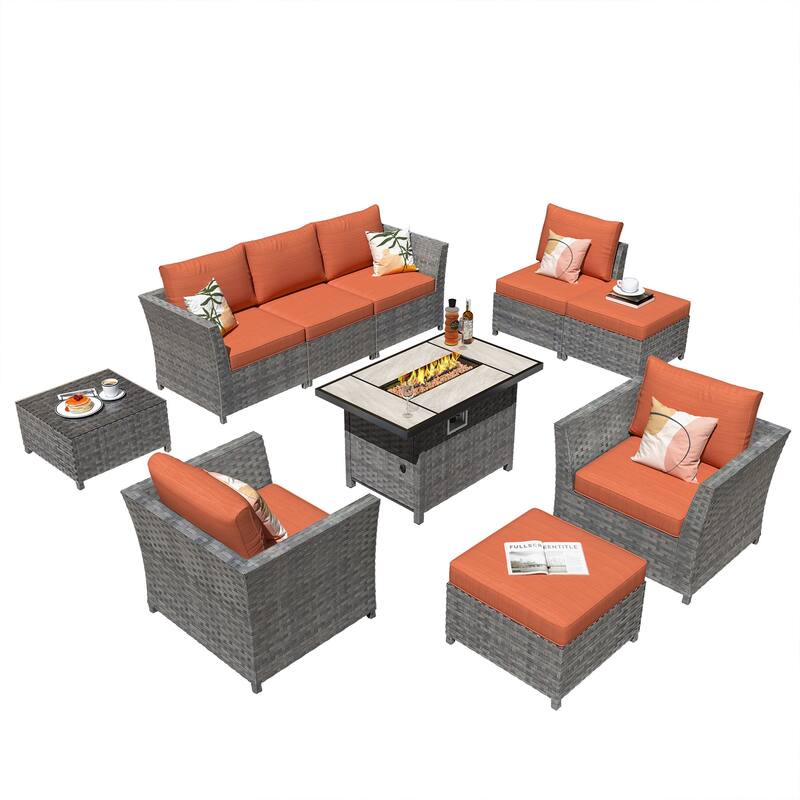 HOOOWOOO 10-piece Outdoor Furniture Rattan Sectional Set with Fire Pit Table.