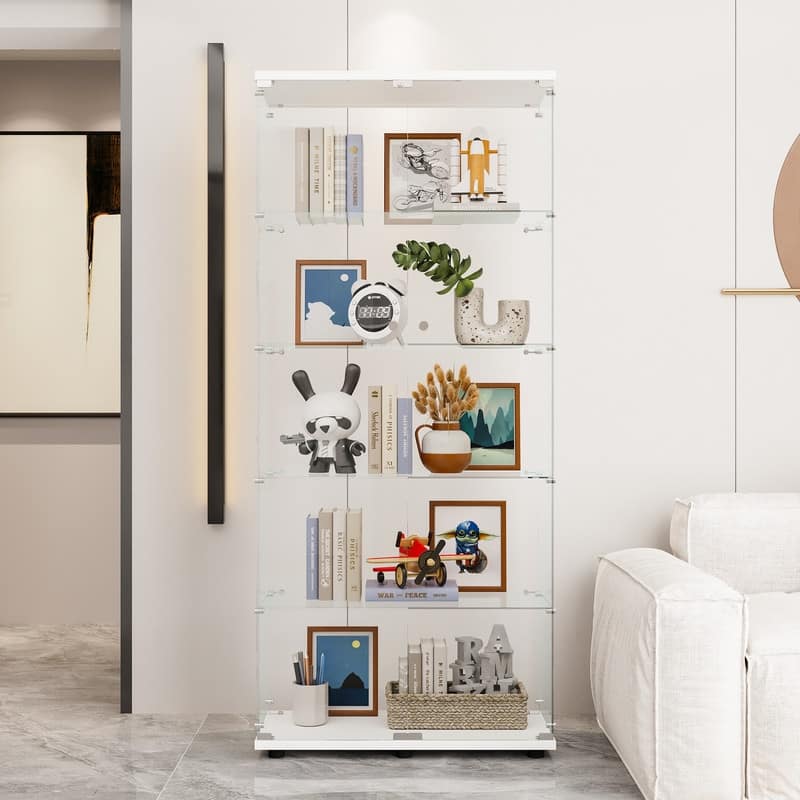 Glass Display Cabinet with 5 Shelves Double Door - White