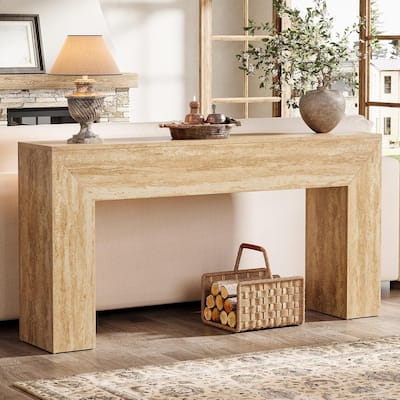 63" Modern Entryway Table with Faux Travertine Finish and Heavy Duty Legs for Entrance