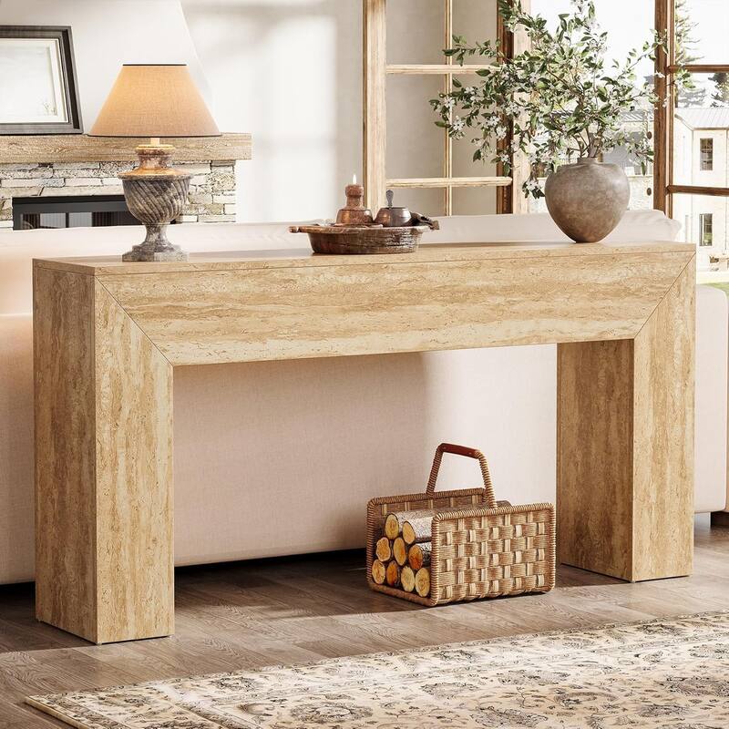 63" Modern Entryway Table with Faux Travertine Finish and Heavy Duty Legs