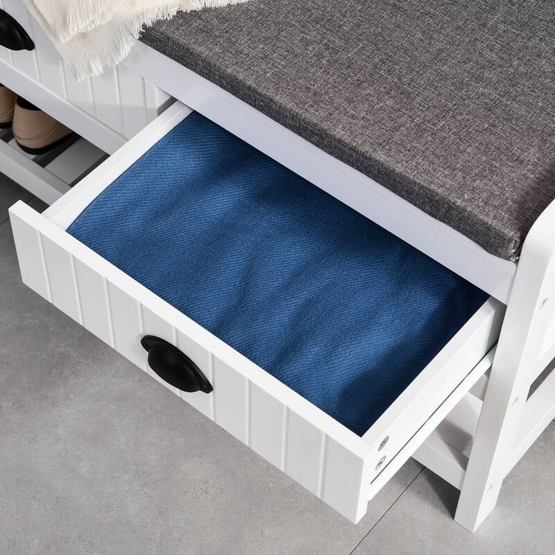 HOMCOM Coat Rack and Bench Hall Tree Organizer with 4 Hooks, 2 Drawers with Padded Seat Cushions for Entryway, White