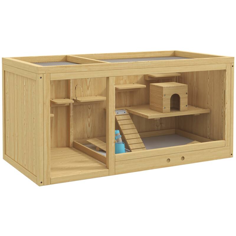 Natural Fir Wood Dwarf Hamster Cage with and Removable Tray Seesaw and Water Dispenser - 39.25" L x 19.75" W x 19.75" H