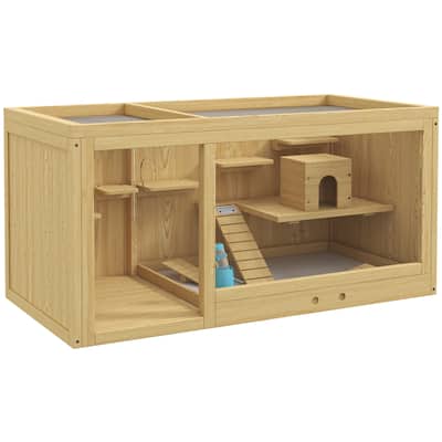Natural Fir Wood Dwarf Hamster Cage with and Removable Tray Seesaw and Water Dispenser - 39.25" L x 19.75" W x 19.75" H