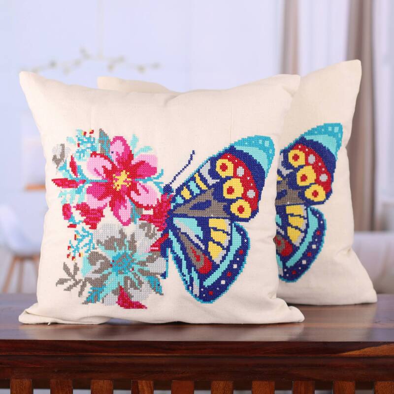 Novica Handmade Butterfly Universe In Beige Cotton Cushion Covers (Pair)