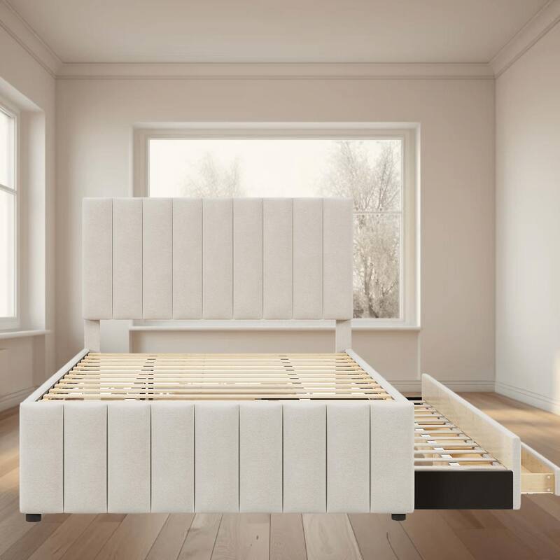 Full Size Upholstered Platform Bed Frame with Twin Size Trundle and 3 Storage Drawer, Linen Fabric for Comfort and Style - Beige - Full