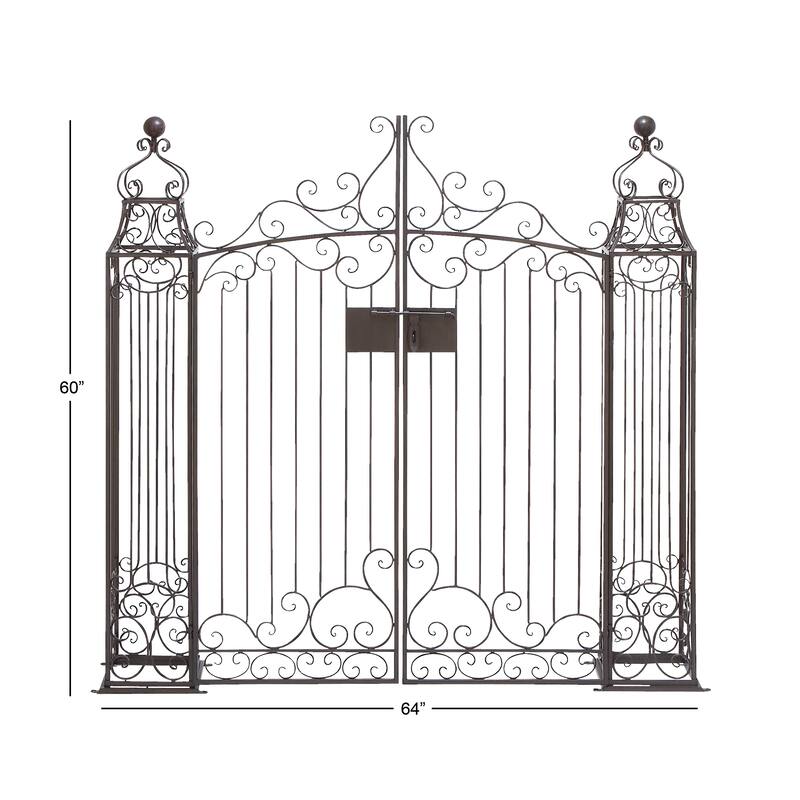 Dark Brown Metal Indoor Outdoor Scrollwork Arched Gate Garden Arbor with Pillars and Latch Lock Closure