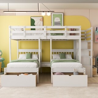 Wood Triple Bunk Bed with Drawers and Guardrails, White