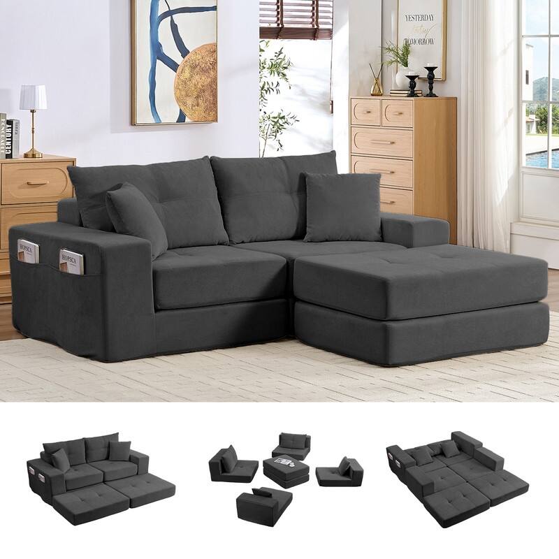 Mixoy 6-PCS Double Deep Seat Modular Sectional Sofa,Free Combinations Modern Chenille Sleeper Sofa Bed,No Assembly Required - Dark Grey - Reversible