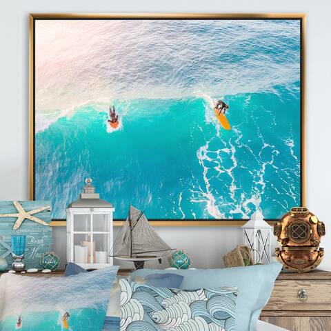 Designart 'Surfers On A Bright Sunny Ocean Wave' Traditional Framed Canvas Wall Art Print