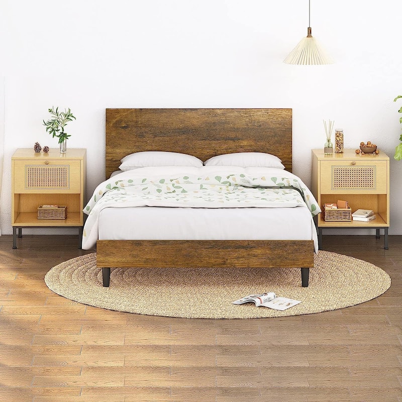 Mixoy Rattan Nightstand with Shelf, Functional Bedside Table with Drawer