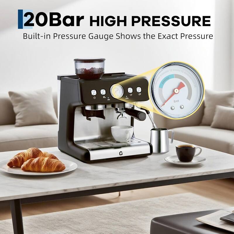 Espresso Coffee Machine with Grinder & 20 Bar Pressure, 2.8L Removable Water Tank, Black