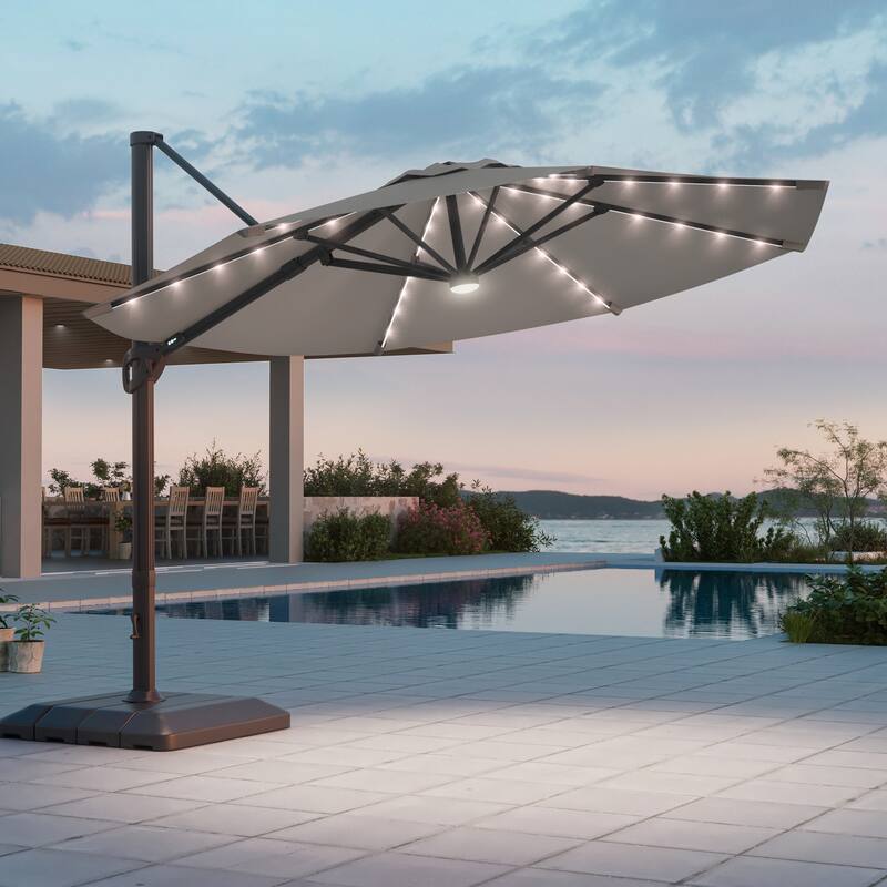 LIVOOSUN 11Ft LED Patio Hanging Octagon Cantilever Umbrella with 360-degree Rotating Canopy - Light Gray
