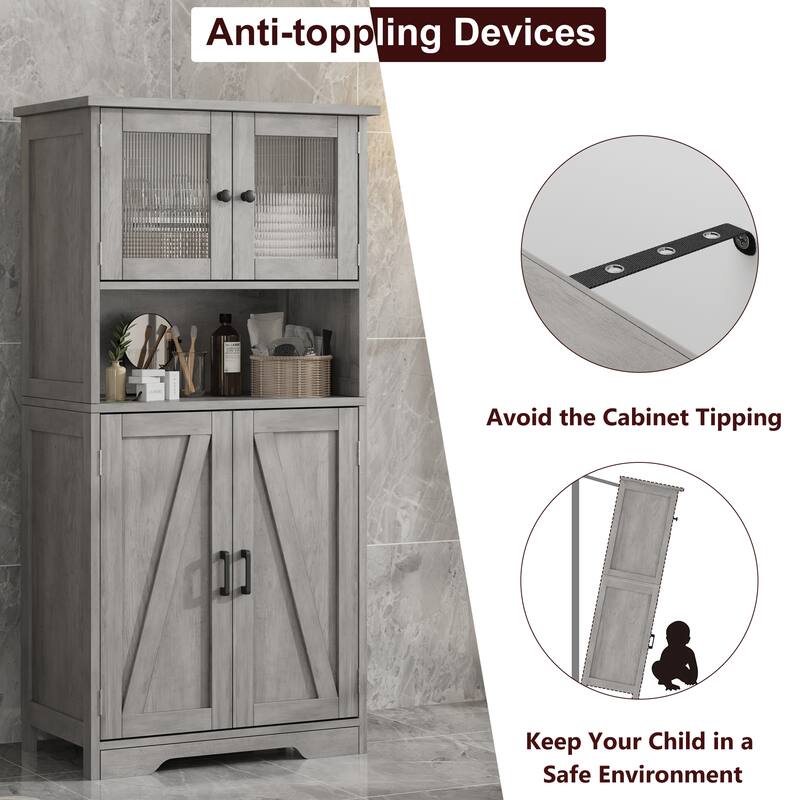 Kitchen Pantry Storage Cabinet with Glass Doors & Adjustable Shelves