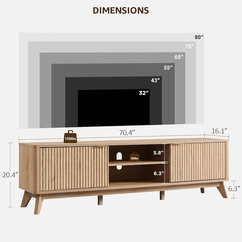 70" Modern Fluted TV Stand for Living Room, Wood Entertainment Center