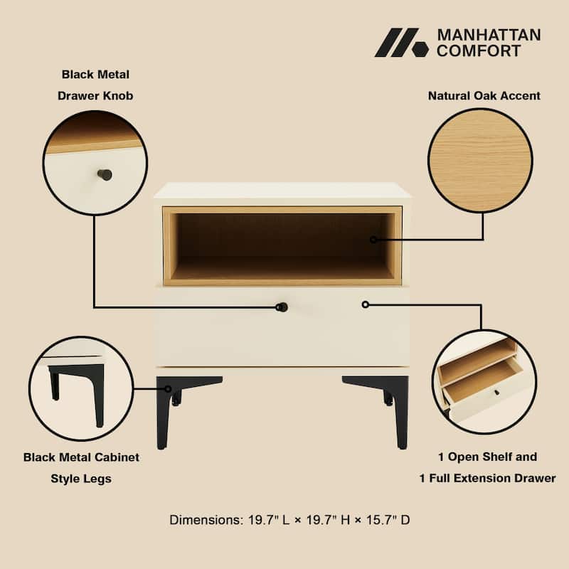 Manhattan Comfort Modern Amara 1 Drawer Metal Leg Nightstand Set of 2