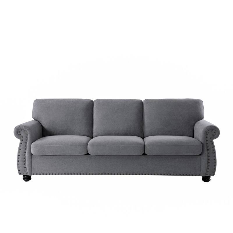 Soft Velvet Sofa, Upholstered 3 Seater Couch With High-Density Foam, Loose Back Cushions And Solid Wood Turned Legs