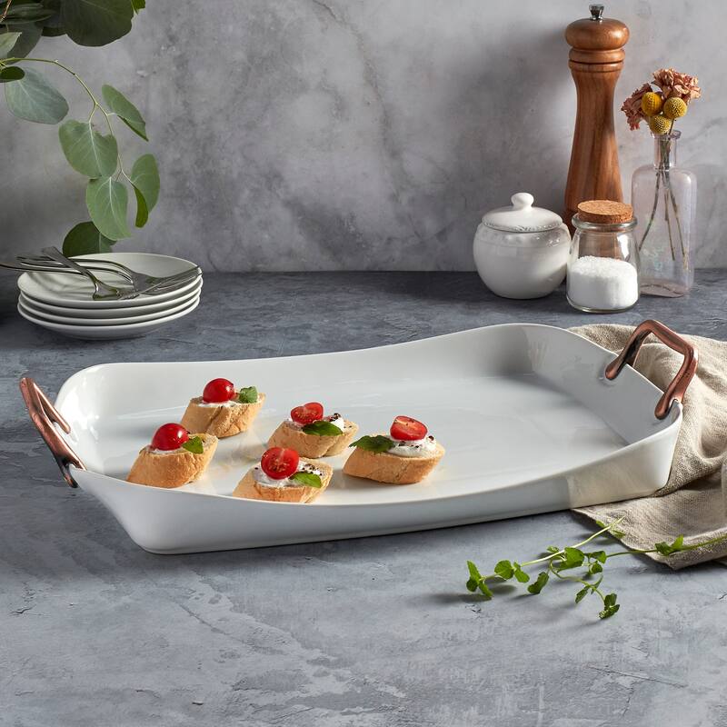 Denmark 19.60" White Rectangular Shallow Tray with Handles