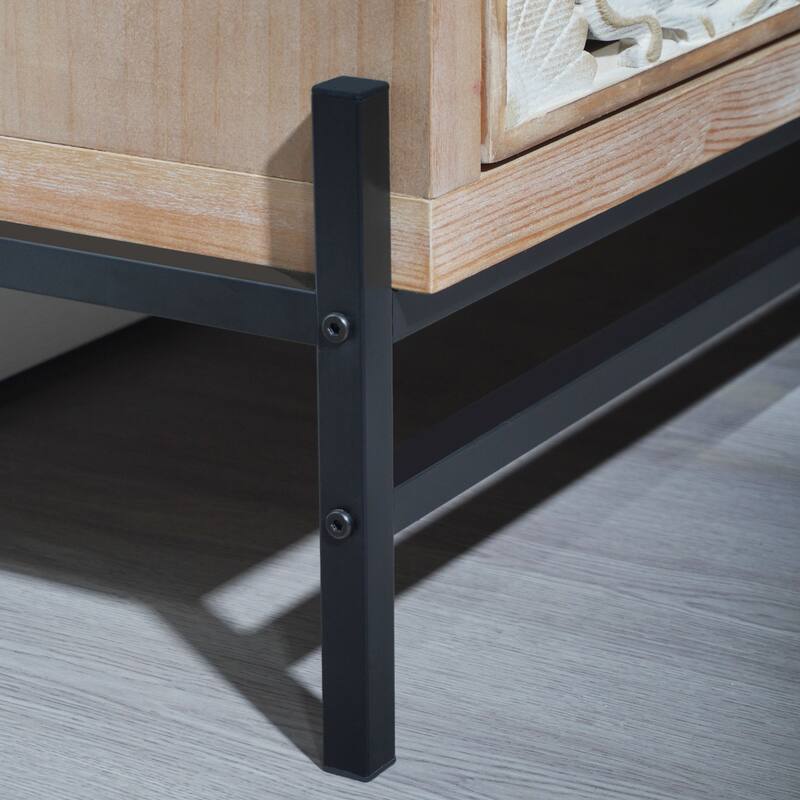 Rustic Carved Sideboard Buffet, Wood 4-Door Accent Cabinet, Storage Cabinet with Floral Hand-Carved Doors