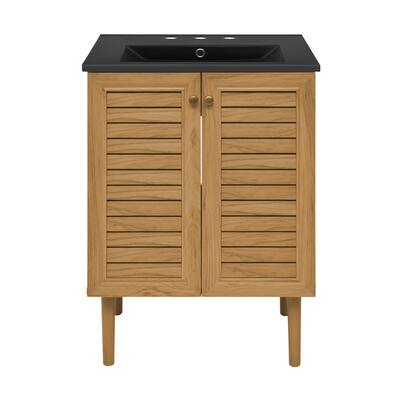 Bron 24 In. Brown Oak Bathroom Vanity With Black, 3-Hole Ceramic Sink Top