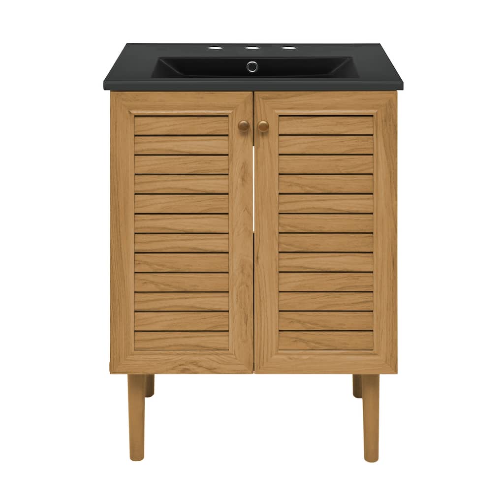 Bron 24 In. Brown Oak Bathroom Vanity With Black, 3-Hole Ceramic Sink Top