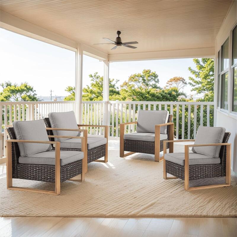 Outdoor Patio Chair with Thick Cushion - Brwon Wicker Grey Cushion - 4PCS Patio Chair