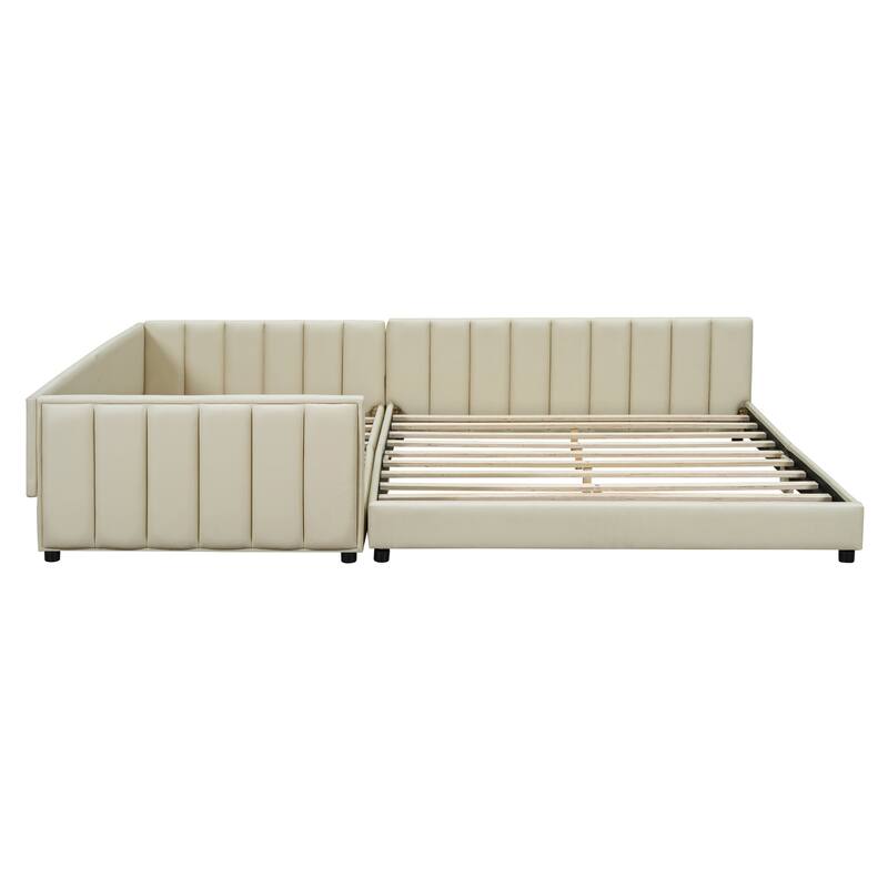 Queen & Twin XL Upholstered Platform Bed, PU Leather, Beige, Mother & Child Design